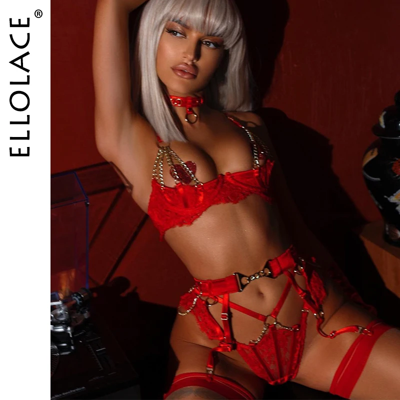 Ellolace Fancy Lingerie Luxury Lace Push Up Mezza Coppa Reggiseno Con Catena Hot Sexy Rosso Delicato Intimo San Valentino Sissy Intimo