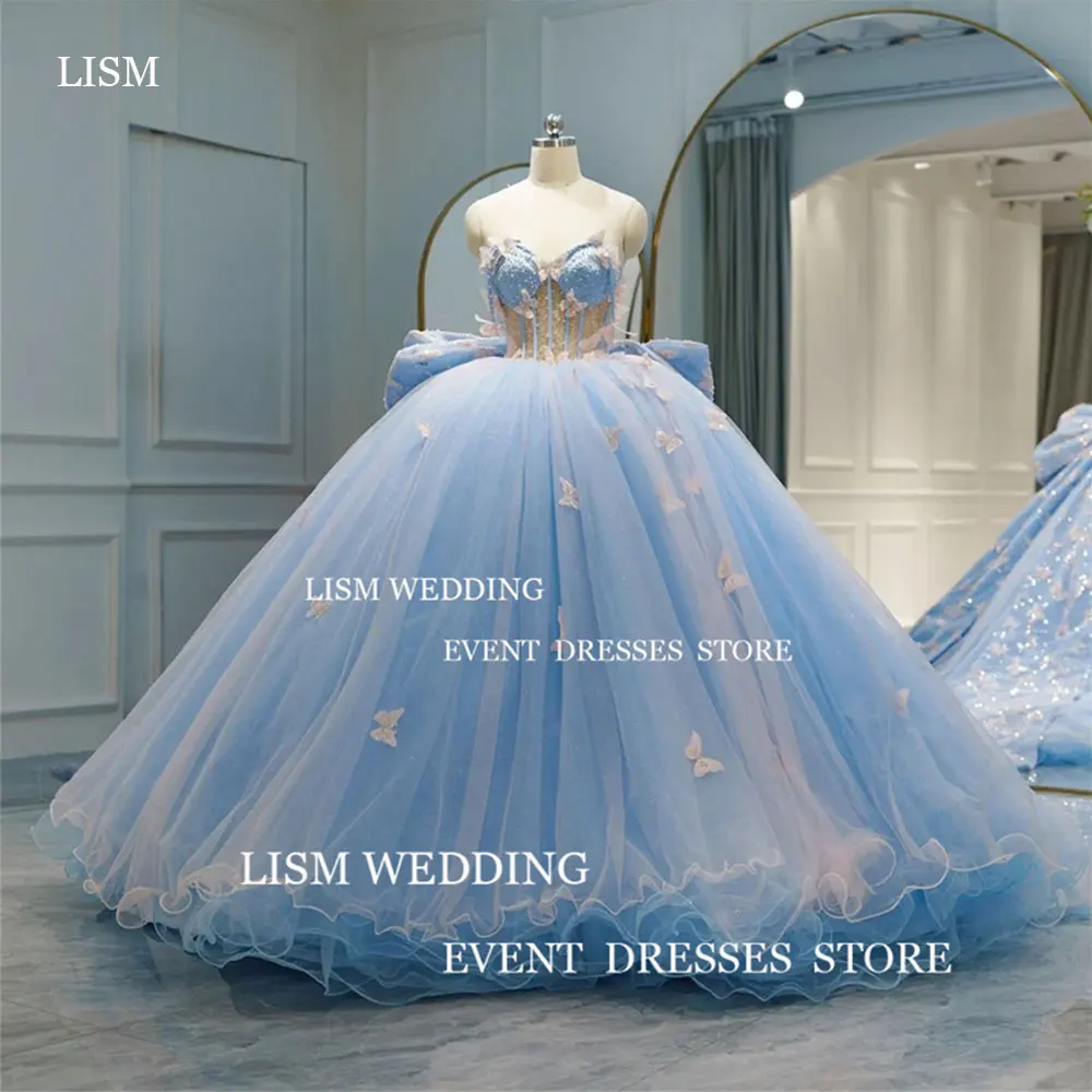 Lism Light Blue Butterfly Quinceanera Abiti Con Cape Lace Applique Mexican Prom Birthday Sweet 16 Dress Vestidos De Xv Anos