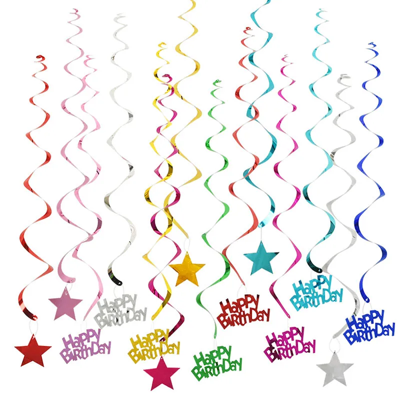 6 Pz/Set Di Buon Compleanno A Spirale Banner Soffitto Hanging Decor Star Ghirlanda Pvc Swirl Banner Per La Decorazione Bambini Festa Di Compleanno
