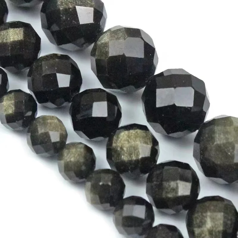 Natural Faceted Gold Obsidian Stone Round Beads Strand For Jewelry Making Loose Beads 8 10 12Mm Diy Bracelet Necklace 15”