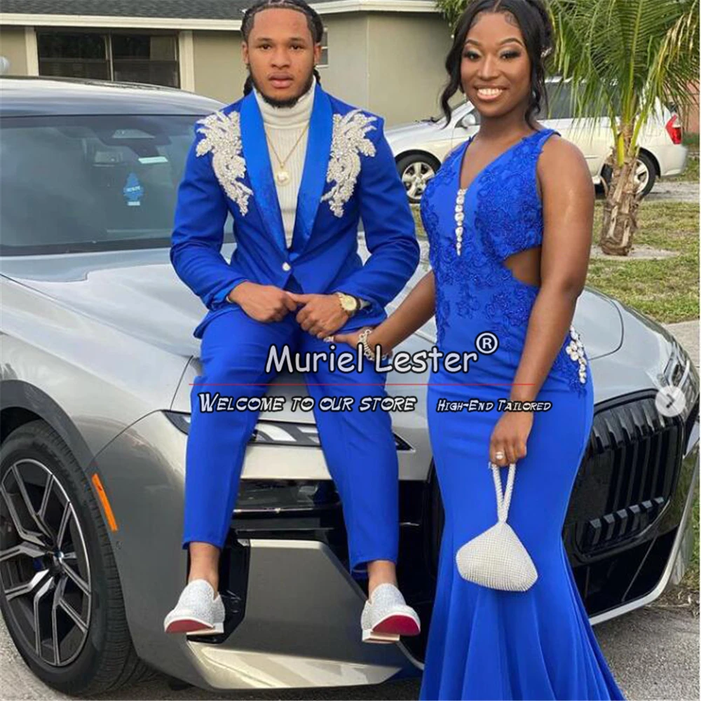 Royal Blue Suits Mens Luxury Beaded Appliques Blazer Pants 2 Pezzi Groom Wear Smoking Da Sposa Su Misura Trajes De Hombre 2024