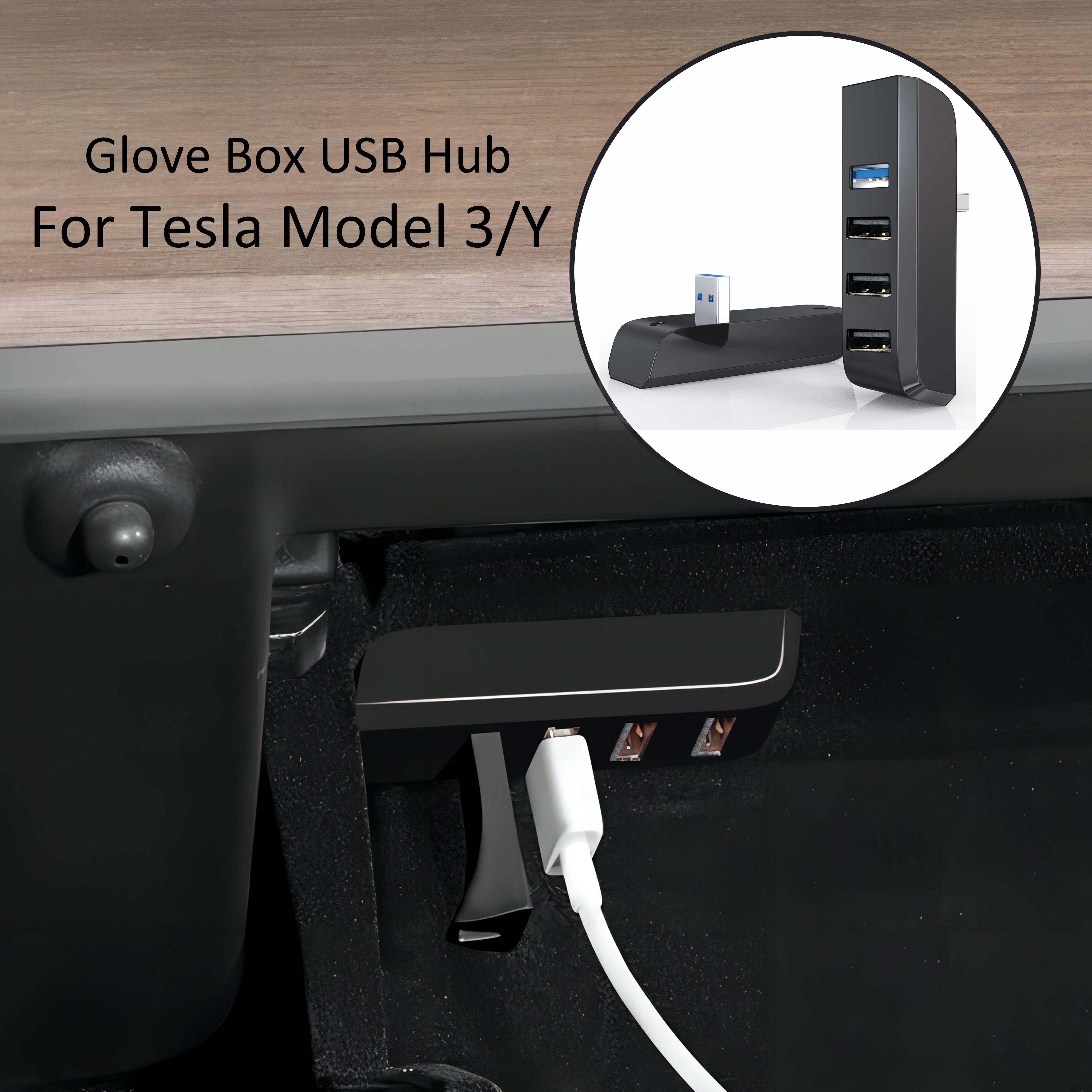 Vano Portaoggetti Hub Usb Per Tesla Model 3/Y 2021-2023, 4-In-1 Dash Cam Flash Drive Charger Glovebox Extension Docking Station Per Tesl