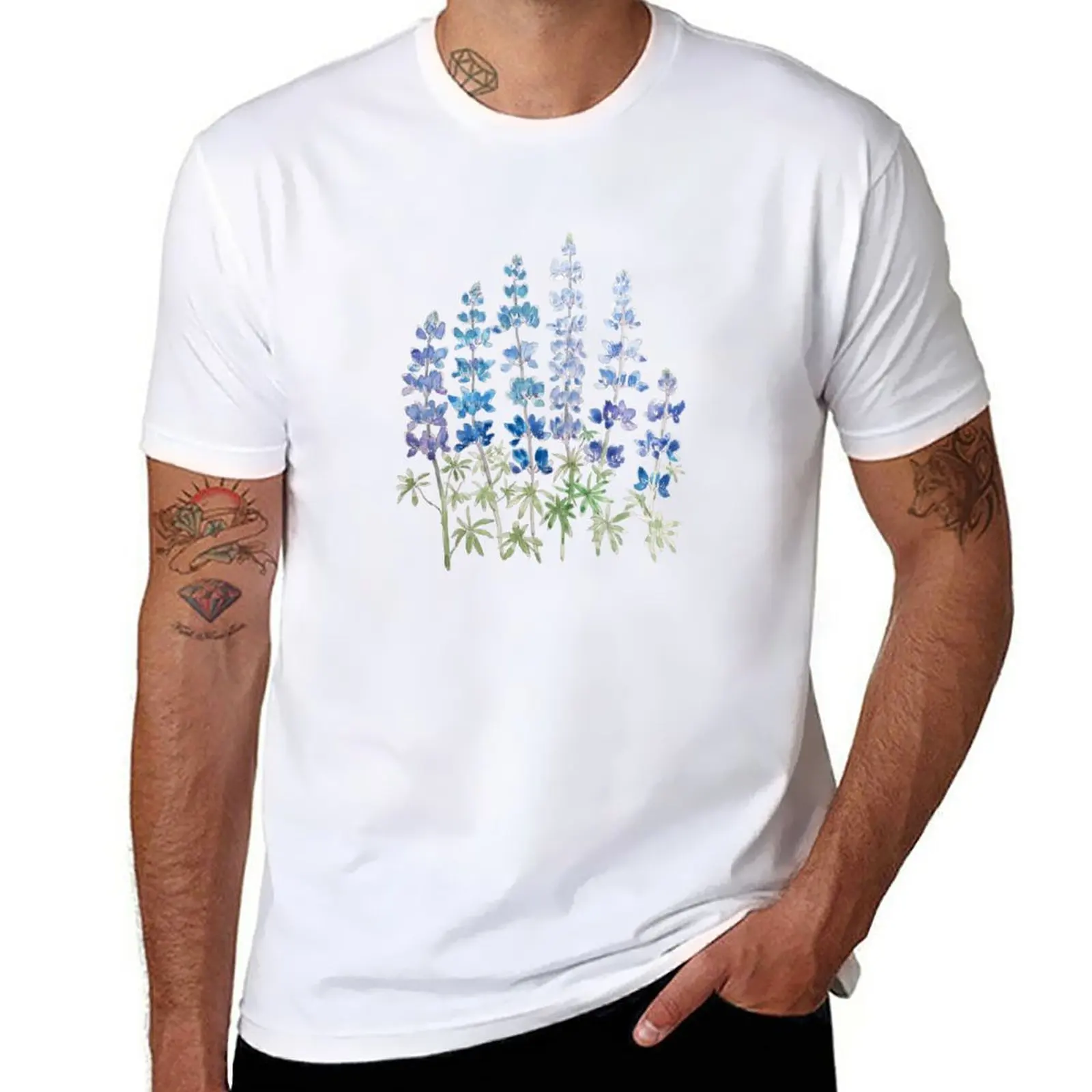 New Blue And Purple Lupin Flowers Acquerello T-Shirt Sweat Shirt Cute Top Camicetta Abbigliamento Uomo