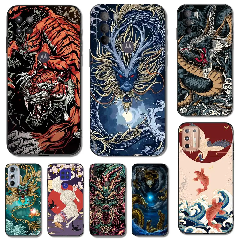Custodia In Tpu Nero Per Motorola Moto G31 G40 Fusion G41 G50 G51 Edge30 G10 G20 G30 G100 5G G22 Drago Cinese Tigre Gru Pesce