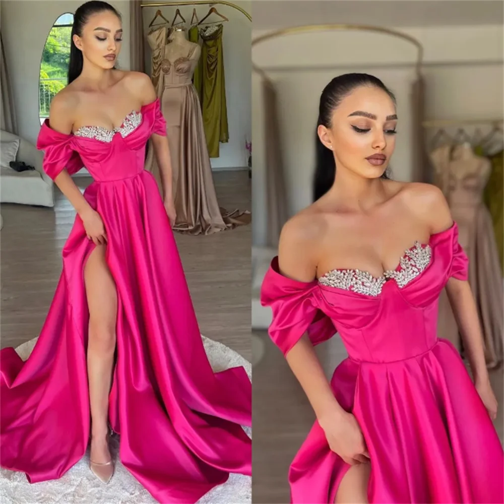 Abiti Da Festa Rosa Piuttosto Rosy Con Spalle Scoperte Perline Vestidos De Noche Pieghe Fessura Lunga A-Line Vestidos De Fiesta Elegantes 2024