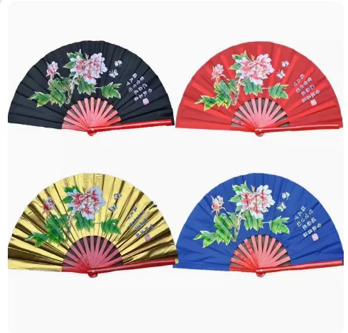 Tai Chi Kung Fu Fan Bamboo Bone Peony Flower Large Silk Folding Chinese Wushu Performance Dance Hand Fans