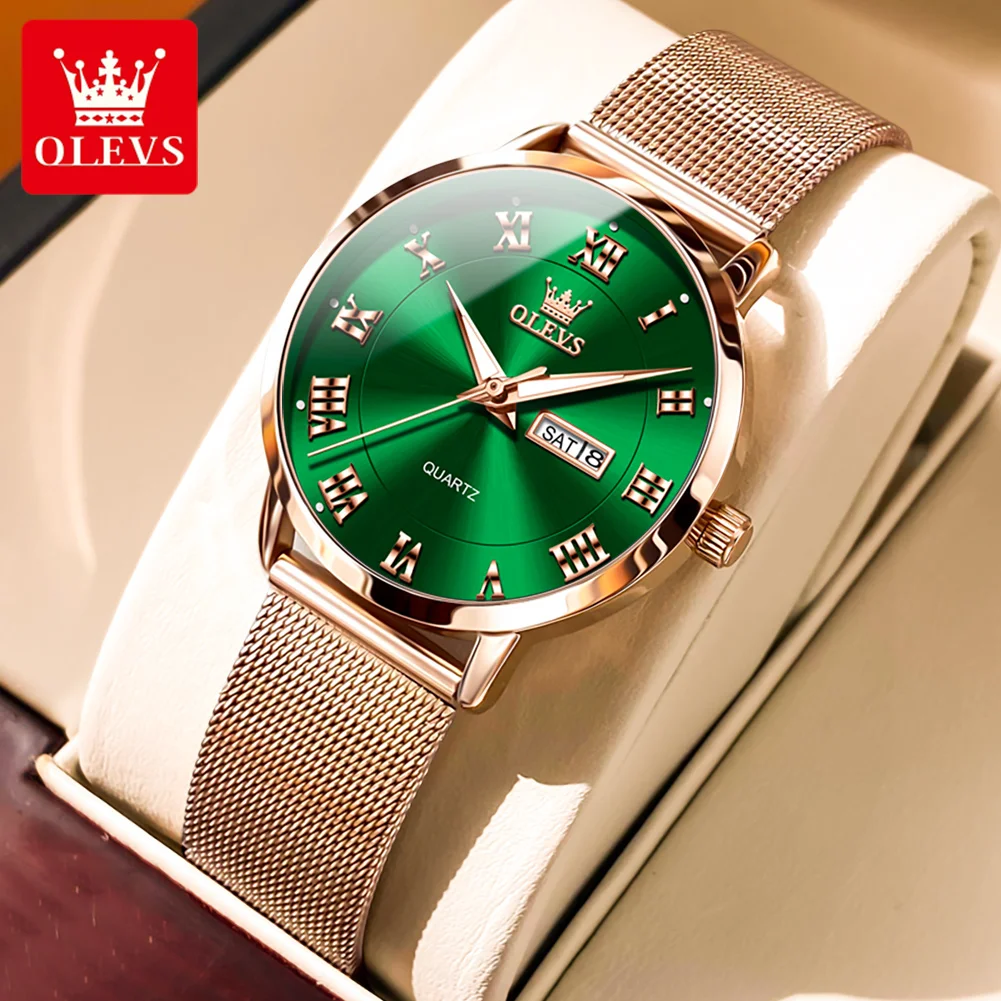 Olevs Brand 2024 Fashion Green Quartz Watch Per Donna Luxury Rose Gold Mesh Strap Waterproof Luminous Week Date Orologi Da Donna