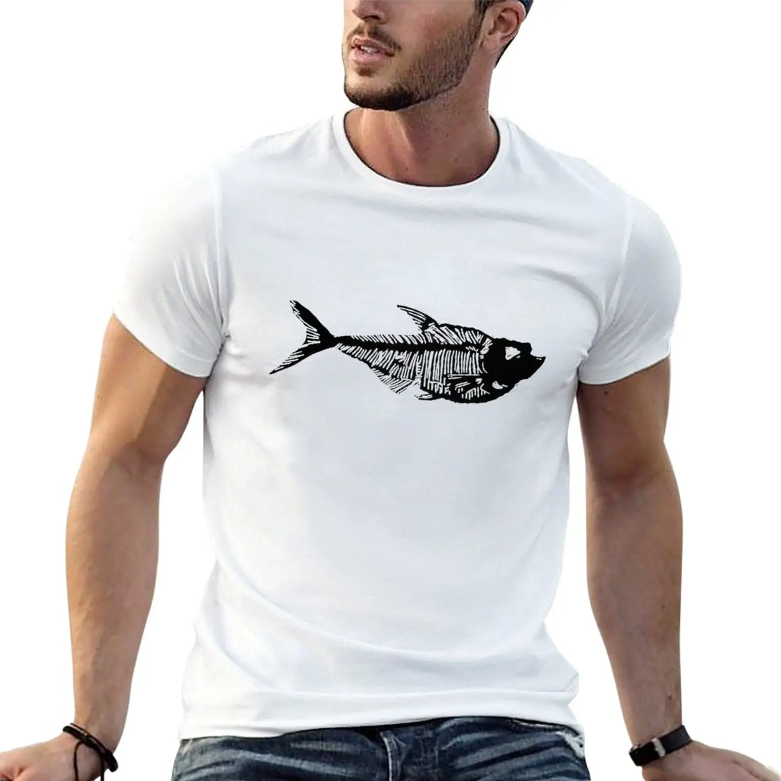 T-Shirt Linocut Con Pesce Fossile Maglietta Vintage Maglietta Estiva Da Uomo Firmata