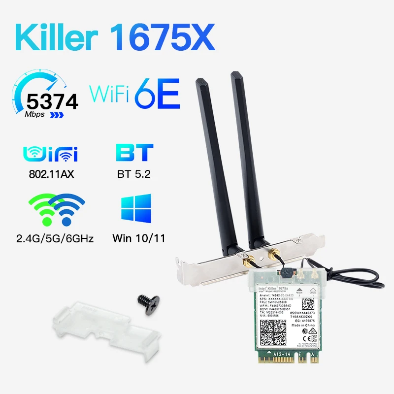 Killer 1675X "End Ax210 5374Mbps Tri Band Bluetooth 5.2 M.2 Ngff Adapter 802.11Ax Supporto Windows 10/11 Per Laptop/Pc