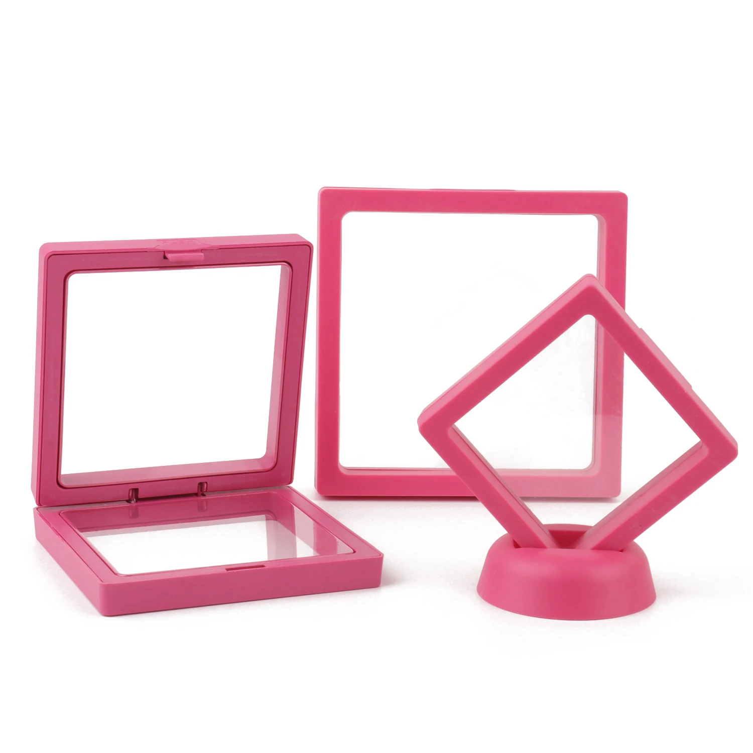 Imballaggio 3D Fucsia Floating Frame Case Accessorio Free Stand Pe Membrana Scatola Di Immagazzinaggio Di Gioielli Display Anello Orecchini Collana