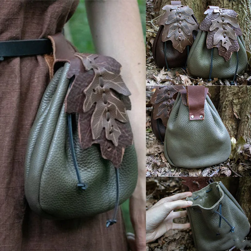 Medievale Elven Pouch Bag Woodland Elf Accessorio Coulisse Moneta Leather Leaf Purse Belt Elf Costume Di Halloween Per Adulti