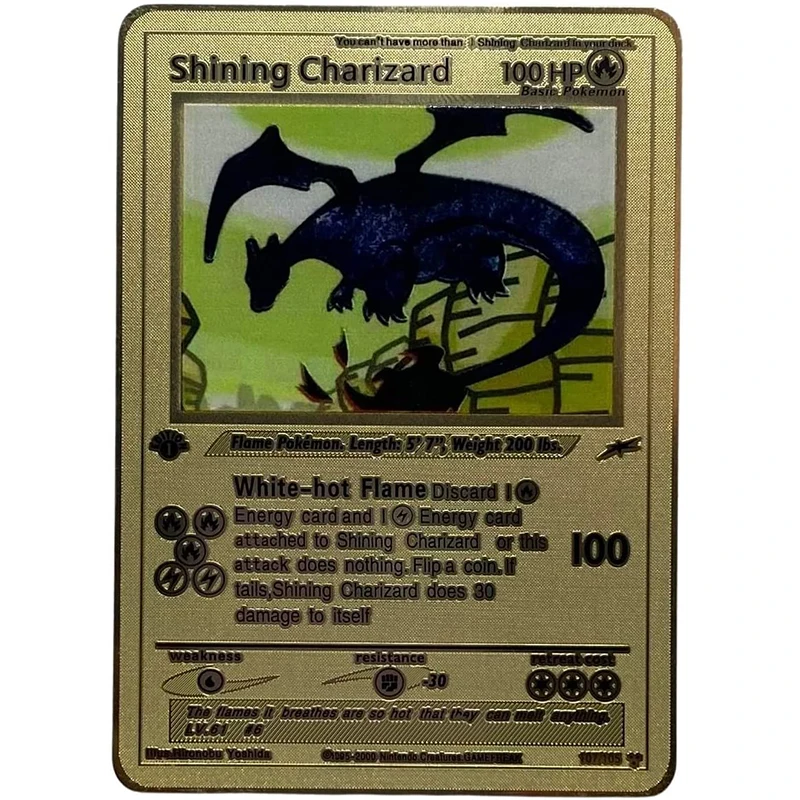 8.8*6.3Cm Shining Charizard White-Hot Flame Card Metal Gold Card Collection Toy Gift For Children