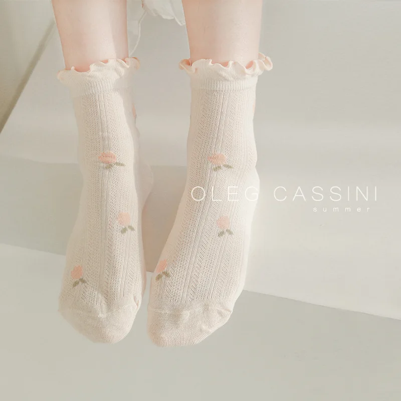 Cartoon Fruit Print Frilly Japan Cute Socks Ruffle Kawaii Harajuku Women Candy Color Cute Heart Happy Cotton Summer Thin Sox