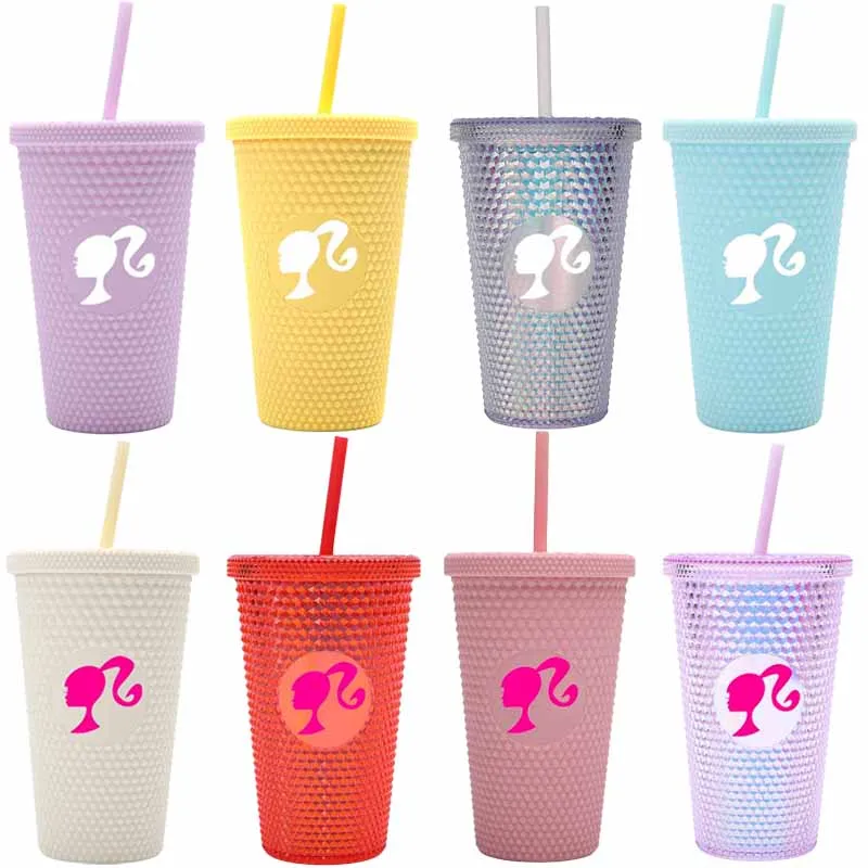 Barbie Plastic Studded Straw Cup Cartoon Cute Portable Large Capacity Water Bottle Cups Tumbler Girl Birthday Gift 480Ml 16Oz