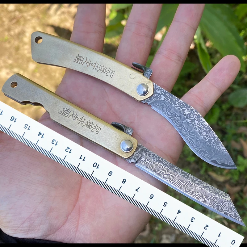 Vg10 Damasco Higonokami Lama Pieghevole Giapponese Manico In Ottone Coltello Da Tasca Autodifesa Campeggio Sopravvivenza All'Aperto Strumento Edc