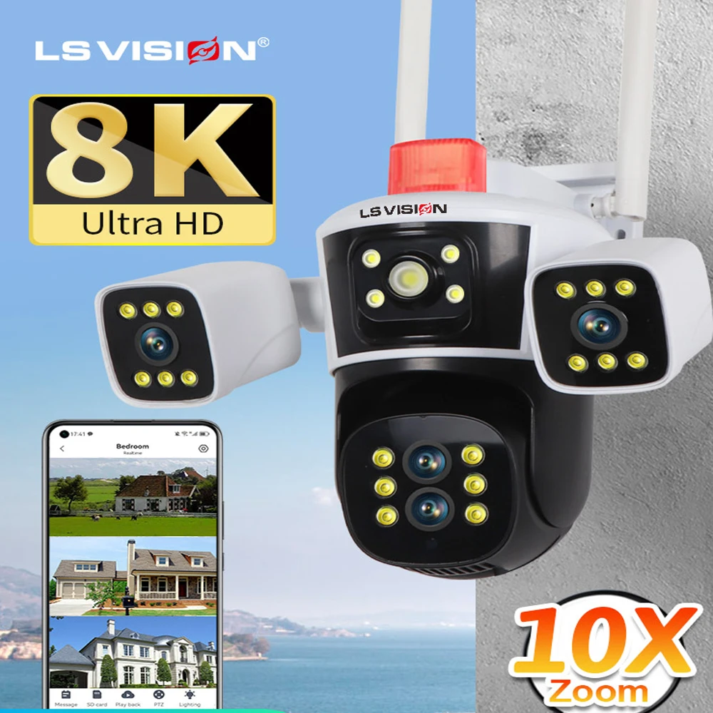 Ls Vision 8K 16Mp Tre Schermi Telecamera Di Sorveglianza Wifi Outdoor Ip Smart Home Security Cctv Impermeabile Ptz Cam Auto Tracking