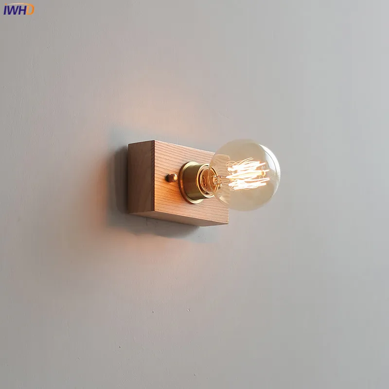 Iwhd Square Ash Wood Led Lampada Da Parete Sconce Pull Chain Switch Plug In Camera Da Letto Soggiorno Miror Scale Light Wandlamp Appliques