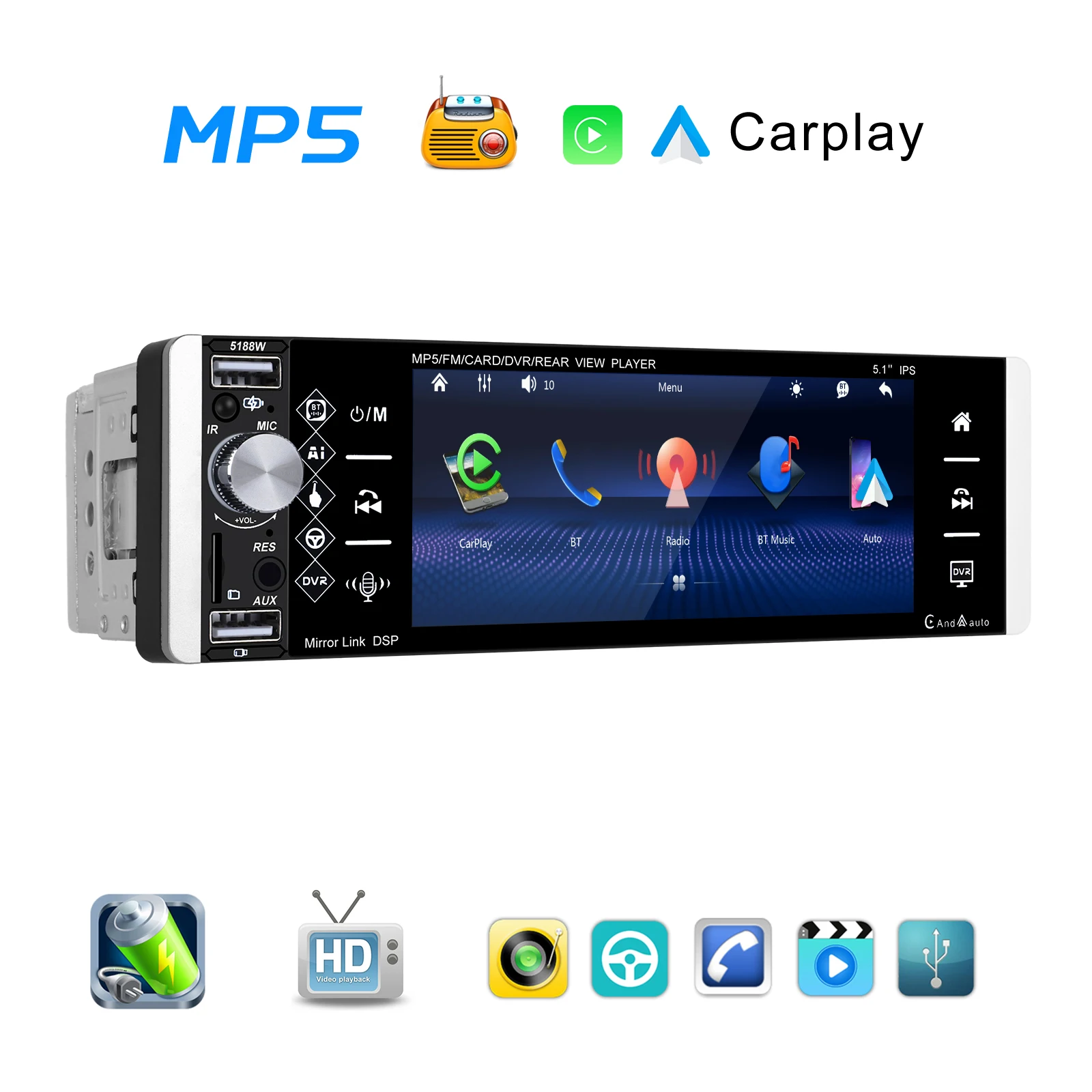 Podofo 5.1 Pollici Touch Screen 1Din Mp5 Player Carplay Android Auto Multimedia Player Mirror Link Bluetooth Usb Aux Fm Car Stereo