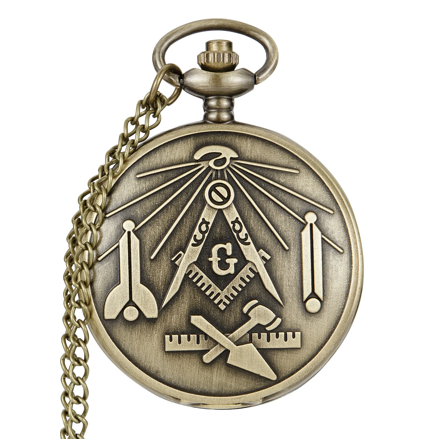Luxury Bronze Masonic Freemason Compass Retro Chain Clock Necklace Pendant Quartz Pocket Watch Best Gifts For Freemasonry Women