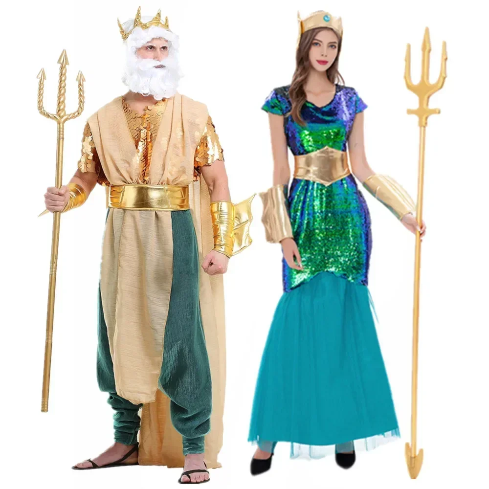 Halloween Women Sea Siren Mermaid Queen Costumes Men Neptune King Costume Poseidon Outfit Purim Party Mardi Gras Fancy Dress