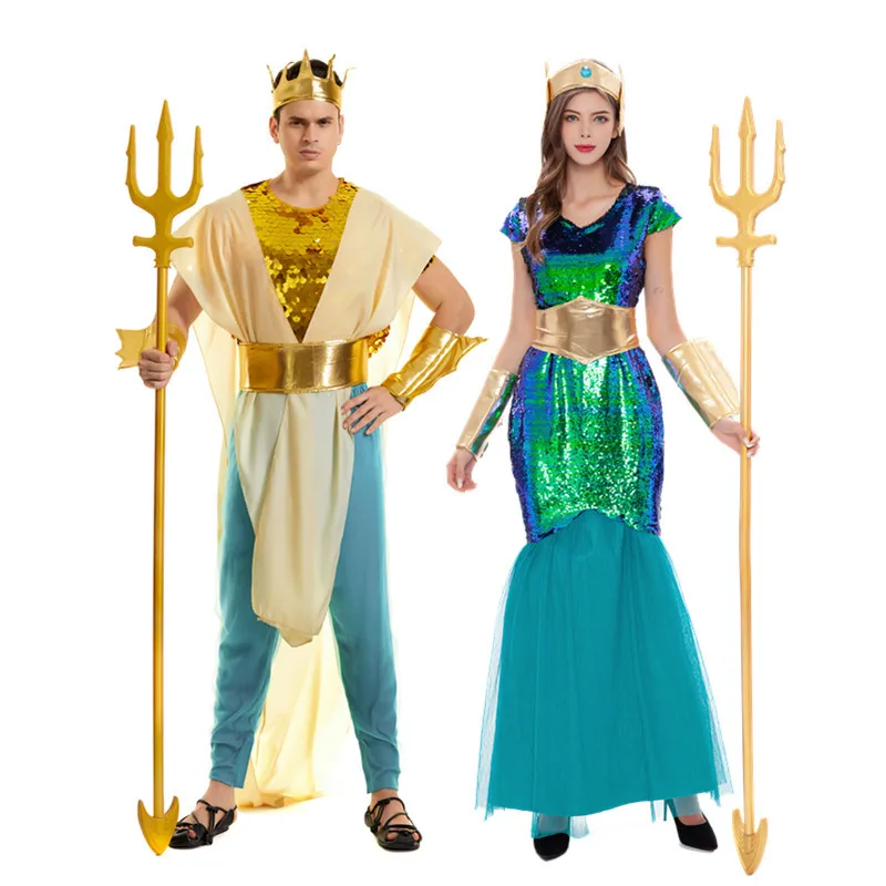 Grecian Mito Neptune King Sea Sirena Sirena Regina Costume Uomo Poseidon Abiti Carnevale Halloween Cosplay Party Fancy Dress