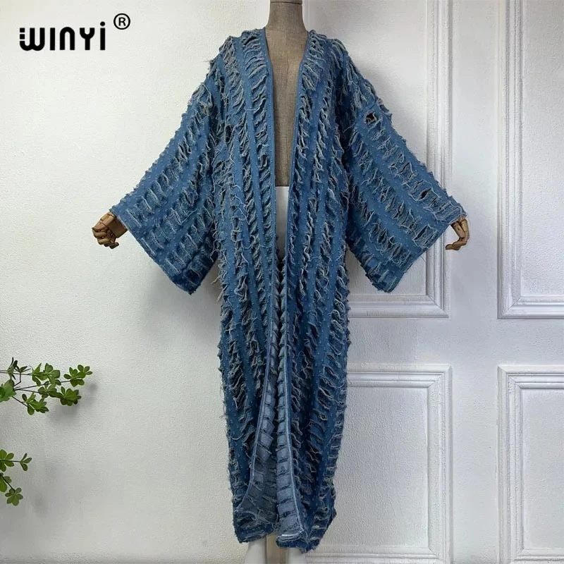 Winyi Cardigan Moda Africana Per Le Donne Nuovo 2024 Soprabito Allentato Hollow Denim Lungo Piumino Costume Da Bagno Cover Up Kimono Estivo