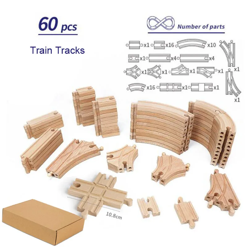 60Pcs/Set Wooden Train Tracks Beech Wood Track Train Toys Train Railway Assembled Toy For Children Gift