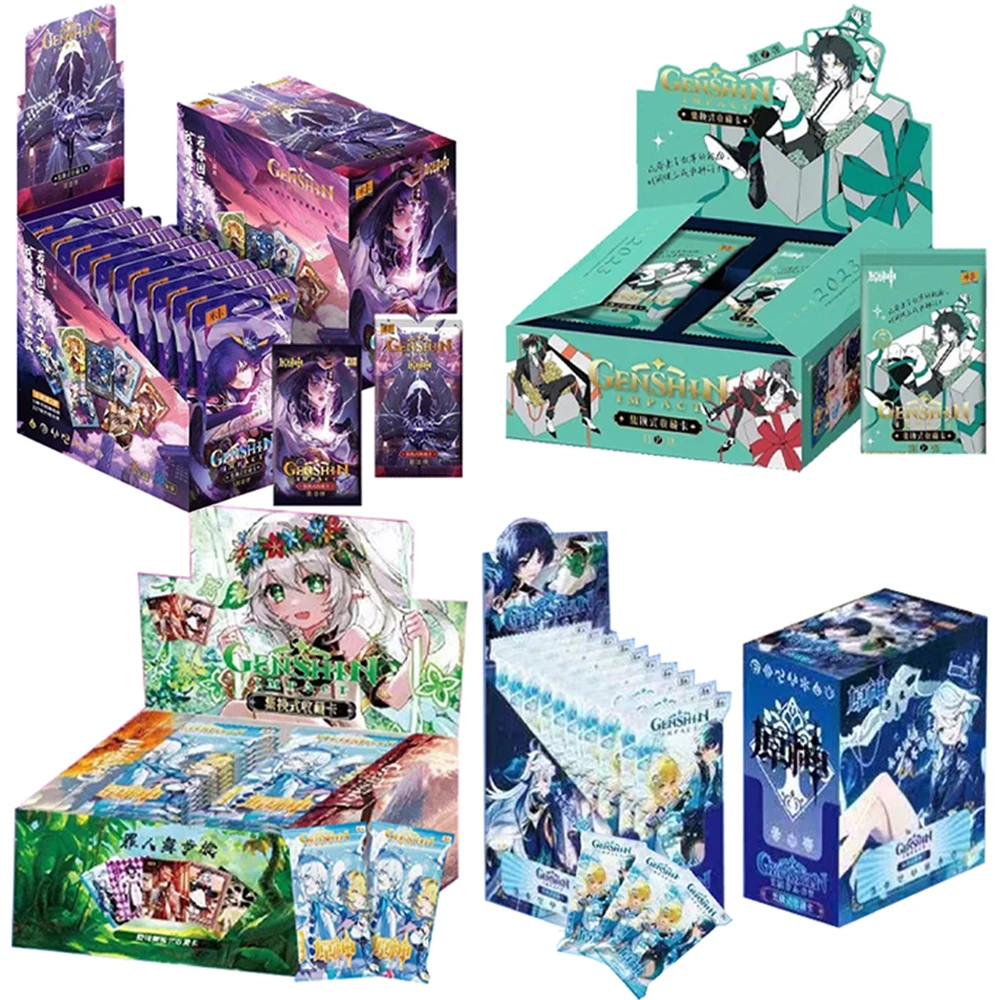 Nuovo Genshin Impact Card Game Tcg Anime Collection Pack Booster Box Rare Ssr Surround Table Toys Bambini Christmas Family Gif