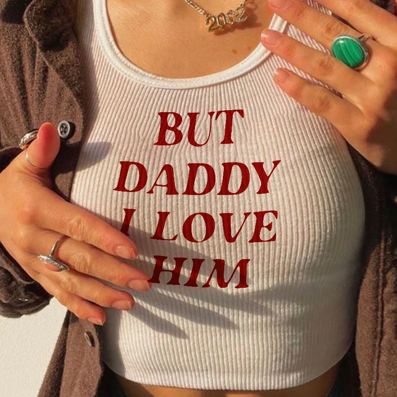 Estate Ma Papà I Loye Him Y2K Graphic Sexy Crop Top Moda Senza Maniche Gilet Slim Bianco Canotta Punk Cool Girl Casual Corsetto