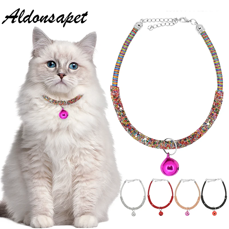 Bling Rhinestones Cat Necklace Bell Cute Glitter Diamond Adjustable Pet Cat Collar For Kitten Puppy Small Dog Necklace Collar