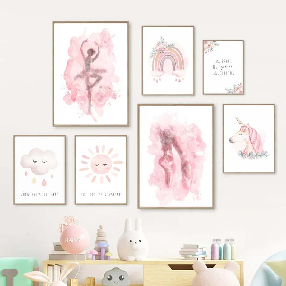 Pink Ballerina Girl Cartoon Sun Rainbow Unicorn Wall Art Canvas Painting Nursery Poster E Stampe Wall Picture Baby Room Decor