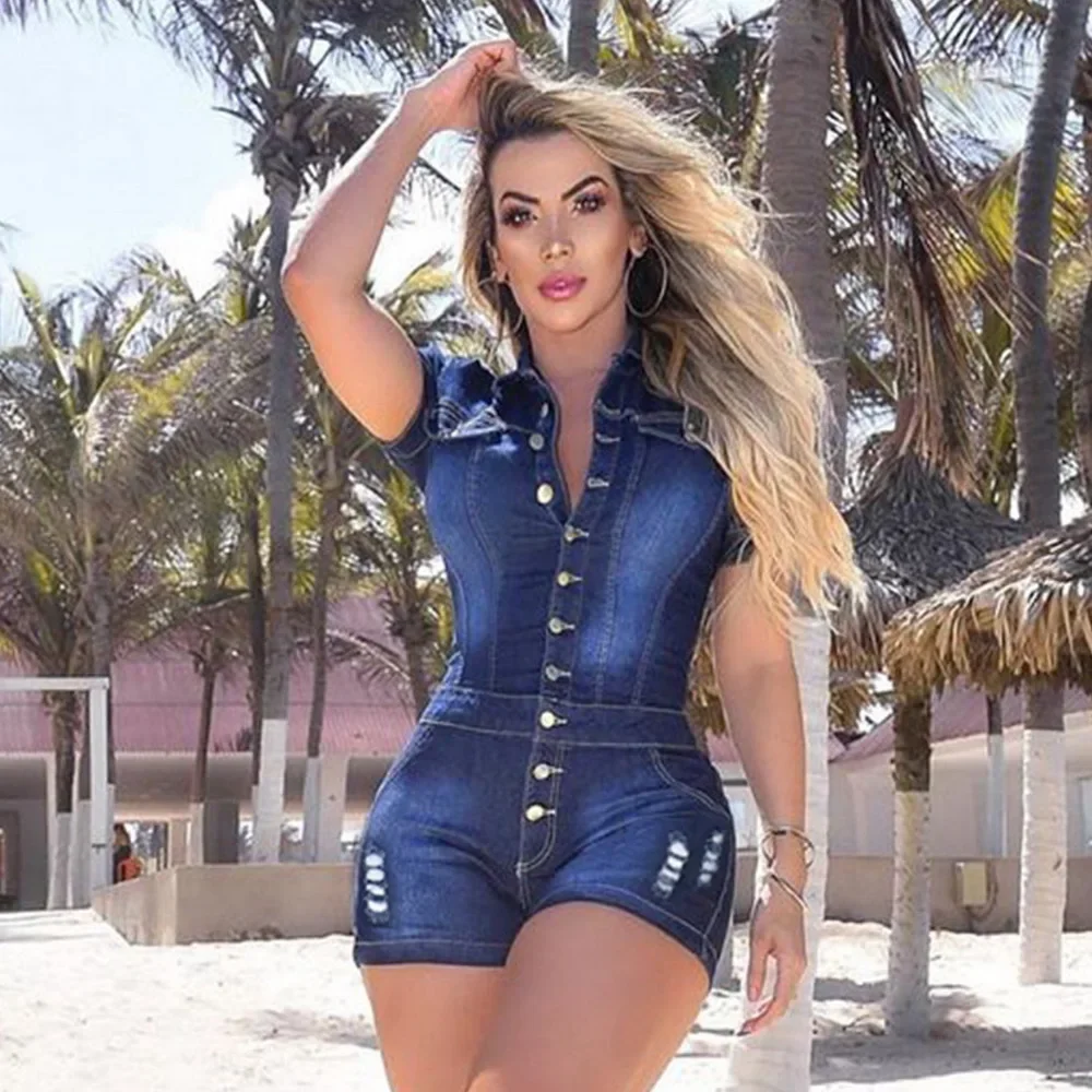 Bodycon Women Sexy Turn Down Collar Jeans Pagliaccetto Estate A Maniche Corte Jeans Casual Tuta Corta Foro Pantaloncini Di Jeans Tuta