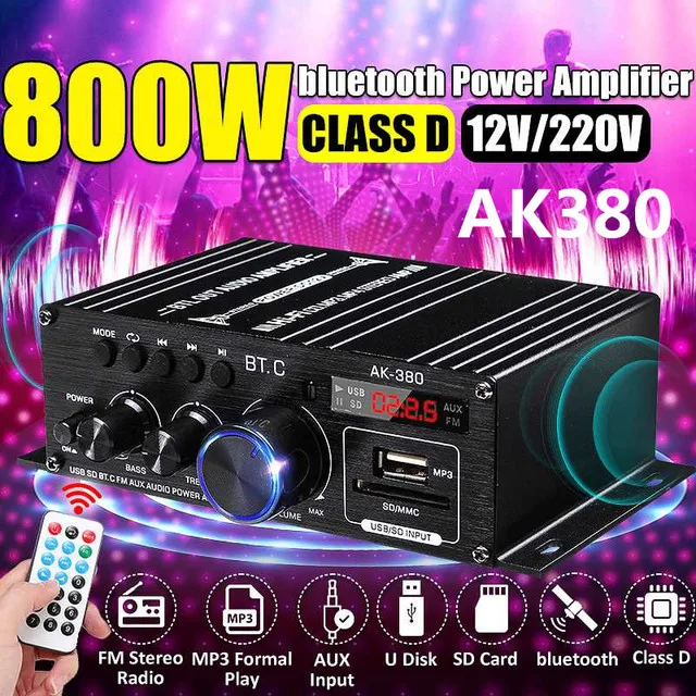 Ak380/G8/Ak370/As22/280/Ak270/Ak170 800W 12V Home Car Hifi Amplificatori Di Potenza Stereo Bass Audio Speaker Classe D Car Home Sound Amp