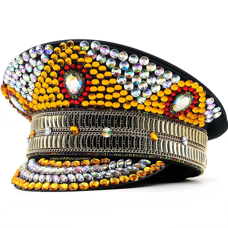 Women Gold Sequin Burning Bride Military Hat Luxury Bridal Captain Sergeant Hat Rhinestone Festival Birthday Part Girl Hat