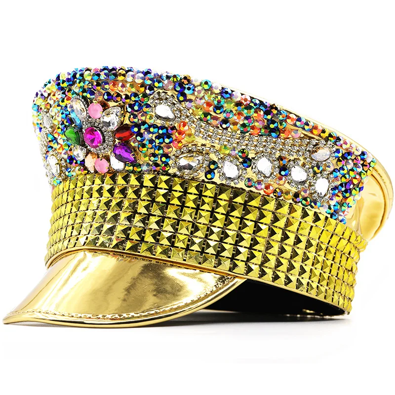 Burning Luxury Women Sequin Golden Bride Military Hat Handmade Sailor Captain Sergeant Hat Birthday Festival Party Hat For Girl
