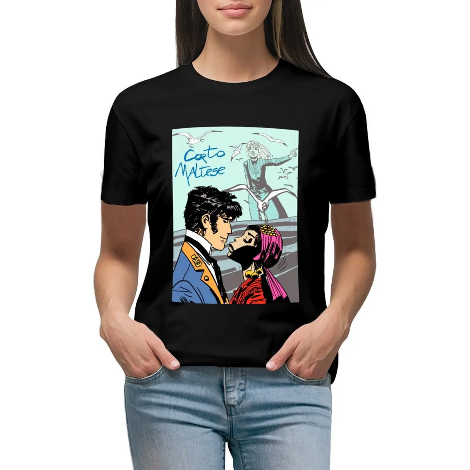 Corto Malta-Kissing Girl T-Shirt Kawaii Clothes Top Hippie Clothes T Shirt For Women