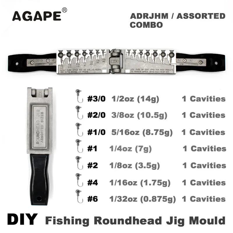 Muffa Della Maschera Della Testa Rotonda Di Pesca Di Agape Diy Adrjhm/Combo Assortito 1/32Oz, 1/16Oz, 1/8Oz, 1/4Oz, 5/16Oz, 3/8Oz, 1/2Oz 7 Cavità