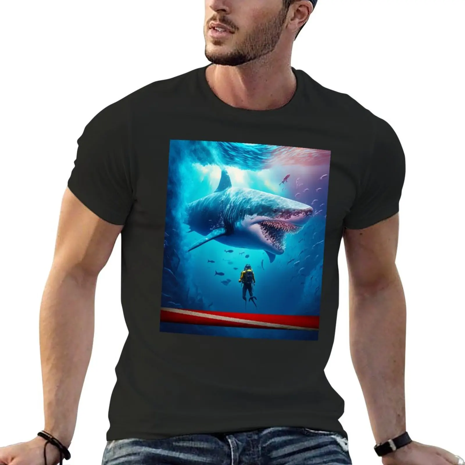 Great Shark And Diver T-Shirt Moda Coreana Abbigliamento Estetico Felpa Abbigliamento Vintage Abbigliamento Uomo