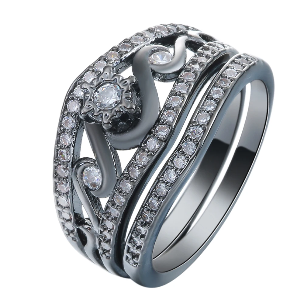 Hainon Fashion Vintage Black Gold Color Rings Set New Twist Love Flower Princess White Cubic Zircone Anello Di Fidanzamento Per Le Donne