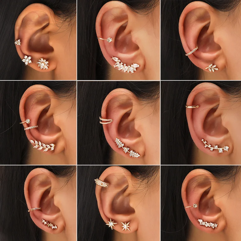 New Stars Leaf Flower Ear Cuff Geometric Zircone Ear Clip Orecchini Set Per Donna Uomo Luxury Earring Cuff Trend Jewelry All'Ingrosso