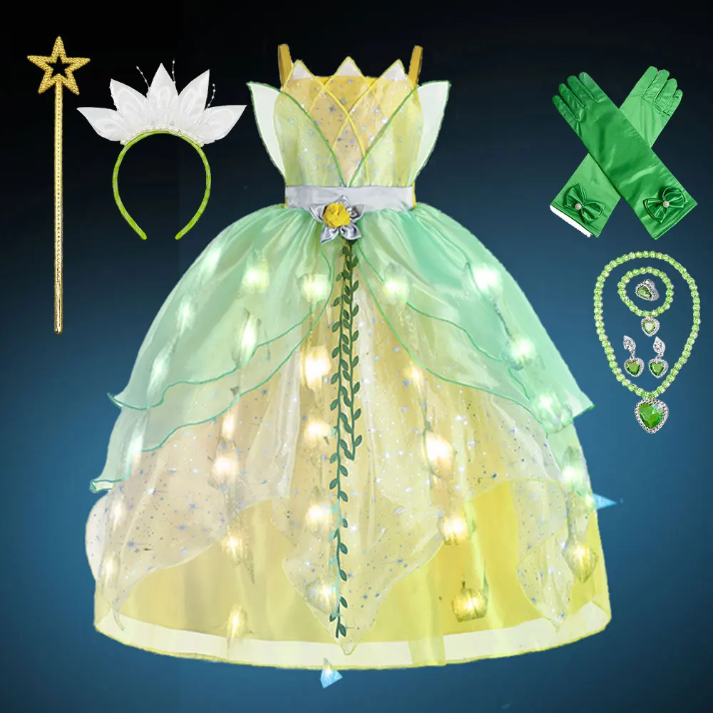 Fata Tiana Princess And The Frog Role Play Dress For Girls Con Led Light Fancy Illuminating Costume Carnival Green Floral Gown