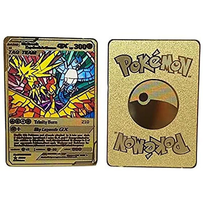 8.8*6.3Cm Moltres & Zapdos & Articuno Gx Tag Team Trinity Gold Metal Card Collection Toys For Children