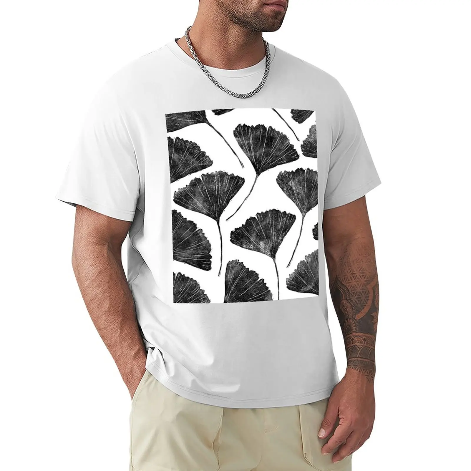 Ginkgo Biloba, Lino Cut Nature Inspired Leaf Pattern T-Shirt Plus Size T-Shirt T-Shirt Nera T-Shirt Da Uomo