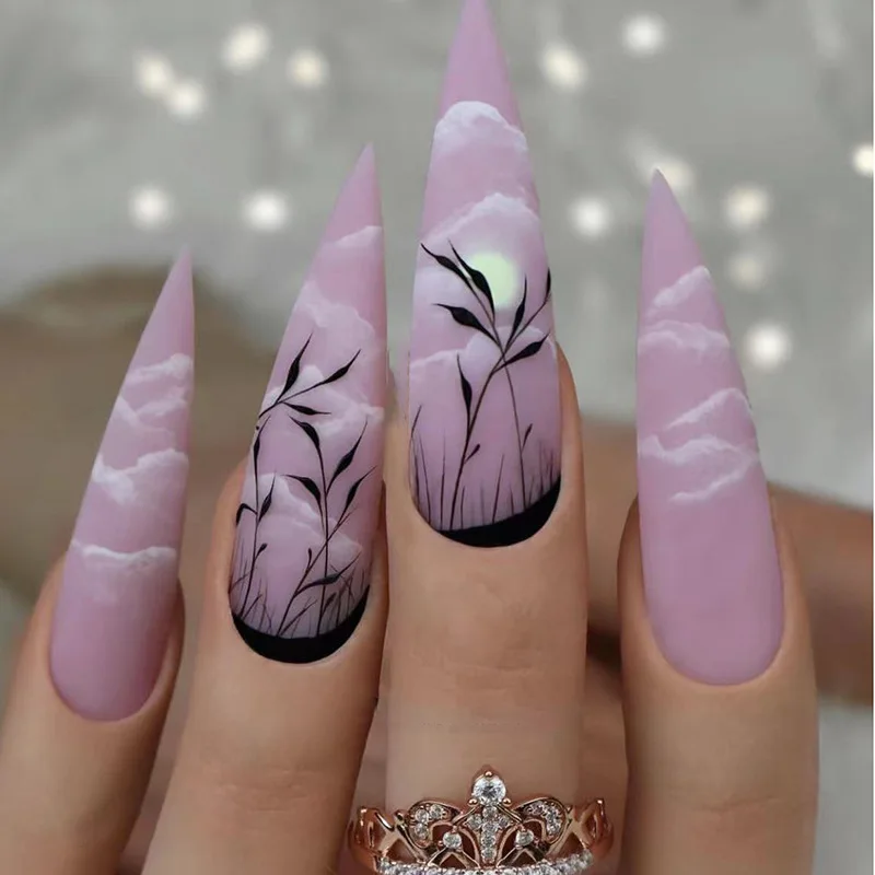 Grass Moon White Clouds Design Wearable Nail Art Long Stiletto Press On Nails Purple Detachable Finished False Nails With Glue