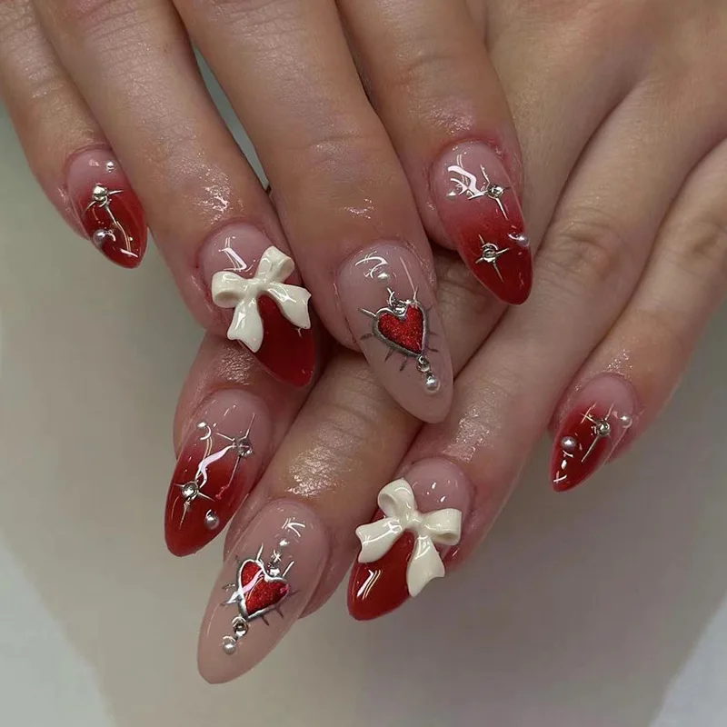 Bowknot Perle Strass Red Love Gradient Unghie Finte San Valentino Unghie Finte Finite Staccabili Premere Sulle Unghie Con Colla