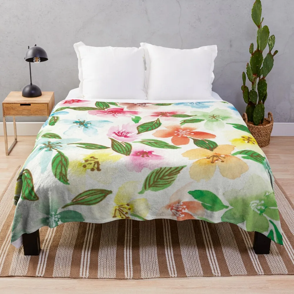 Happy Summer Acquerello Florals Su Uno Sfondo Bianco Coperta Regalo Personalizzato Coperte Sottili