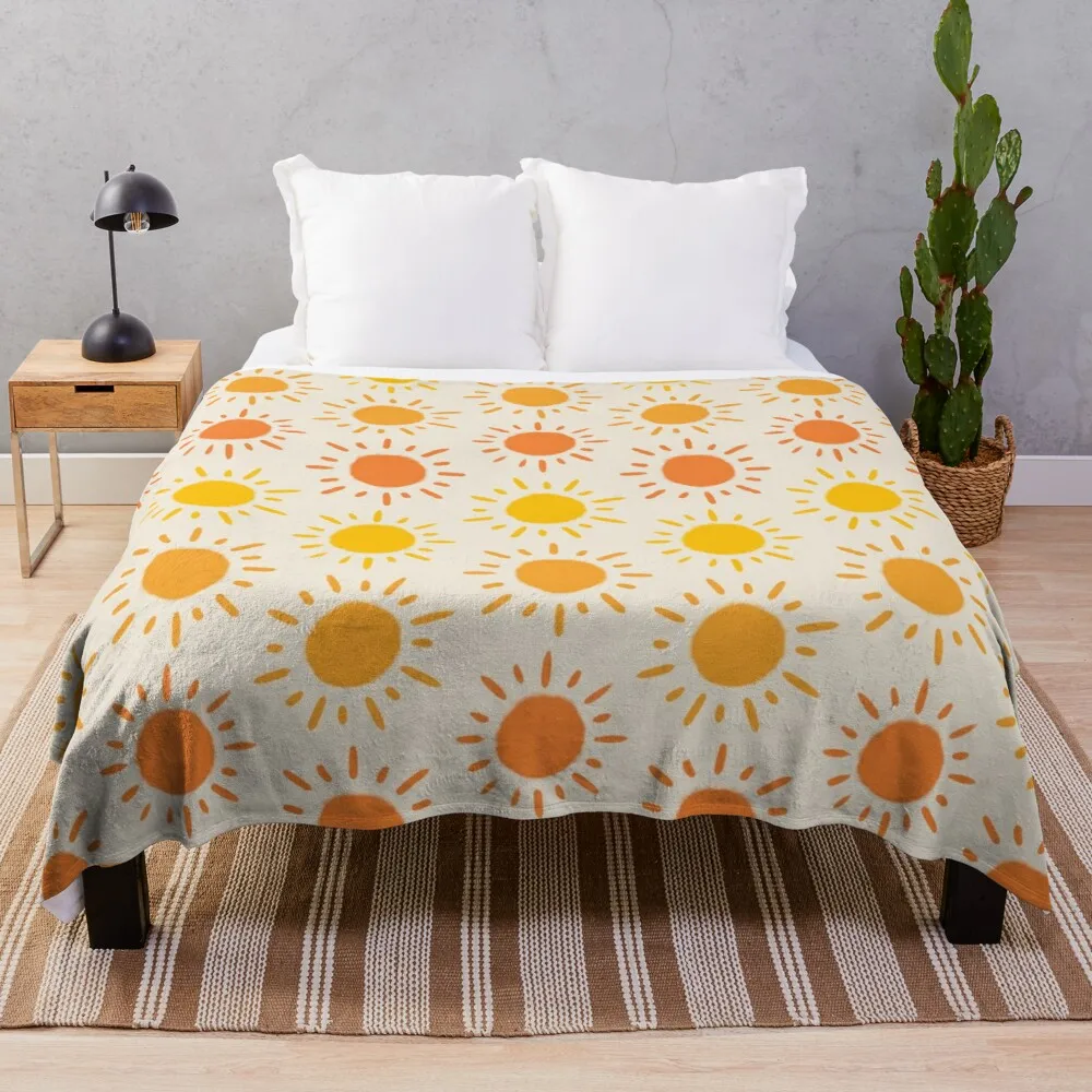 Happy Retro Sun Pattern - Yellow Orange Red Palette Throw Coperta Fluffy Coperte Large