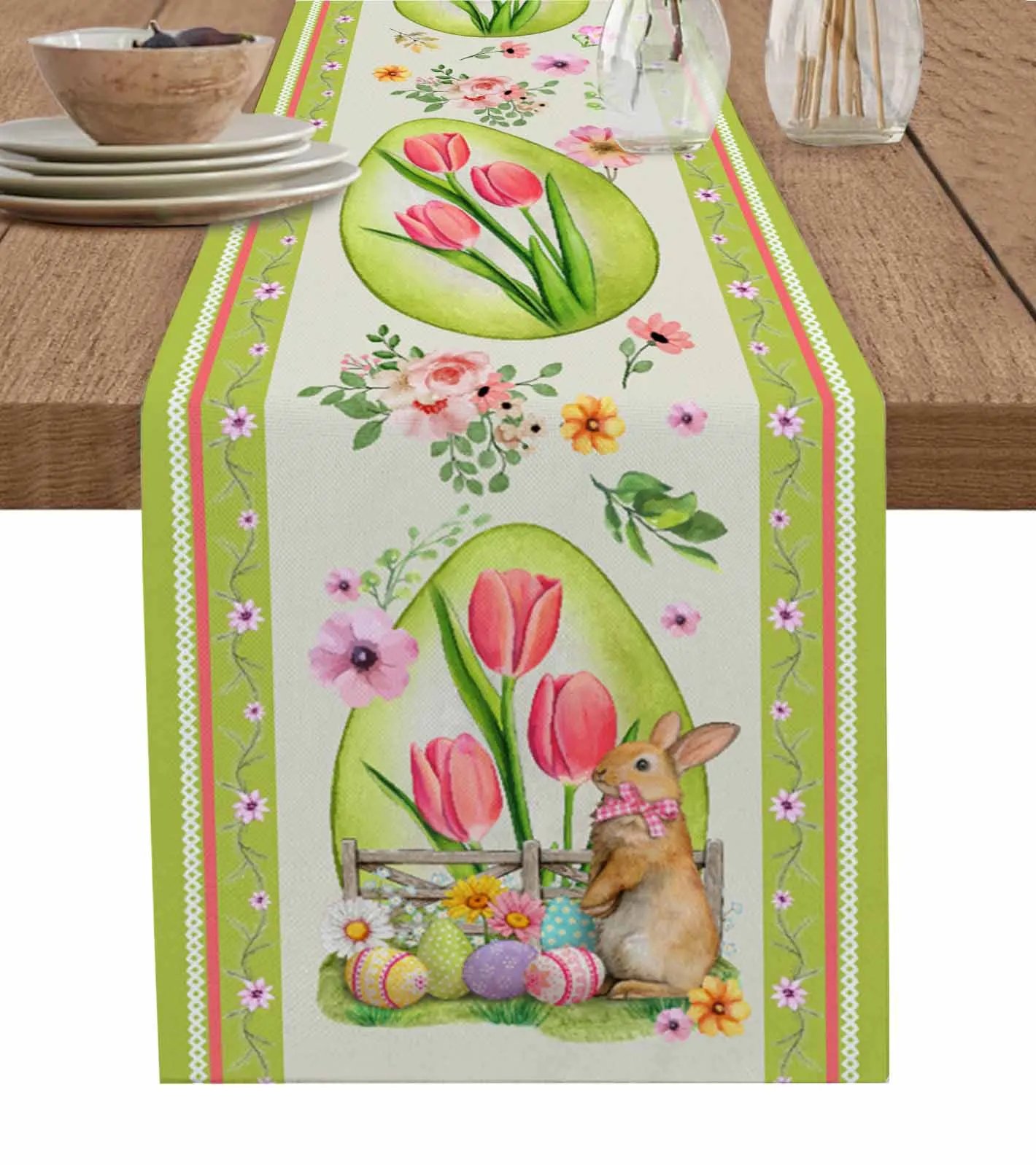 Vintage Rabbit Easter Flower Green Egg Table Runner Per Sala Da Pranzo Coffee Home Decor Tovaglia 4/6 Pezzi Tovagliette Copritavolo