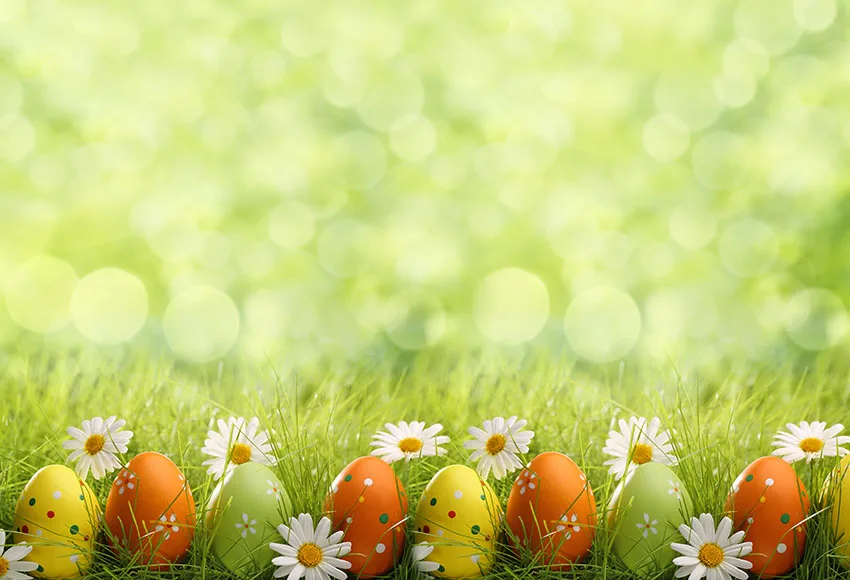 7 X5Ft Happy Easter Color Eggs Green Grass White Bokeh Flowers Custom Photo Studio Sfondo Vinile 220Cm X 150Cm