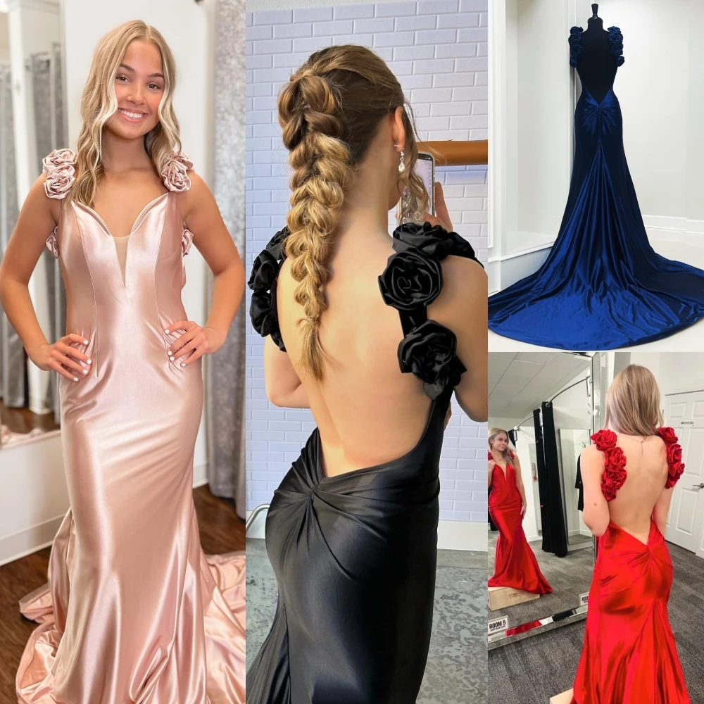 Slinky Rosette Prom Dress Deep Low Back Winter Spring Formal Evening Party Wedding Guest Gown Pageant Gala Runway Damigella D'Onore